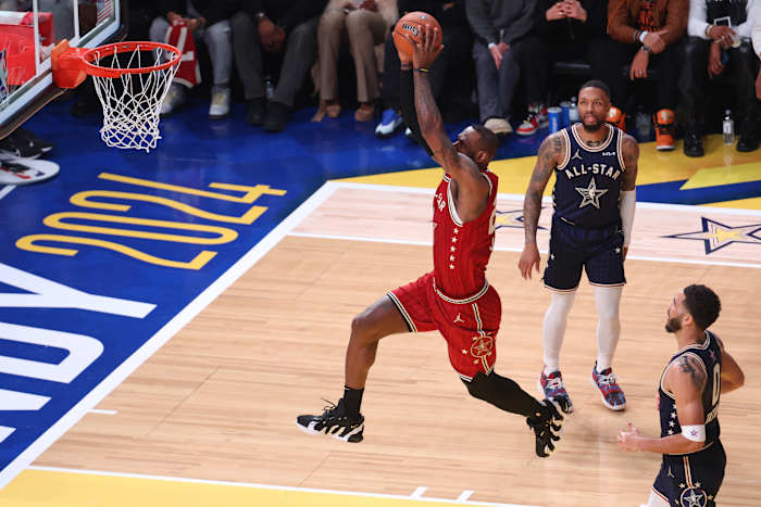 LeBron James dunks during the 2024 NBA All-Star Game.